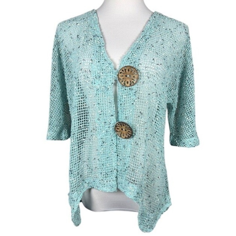 Lulu-B Womens S Aqua Blue Open Knit Sharkbite Cardigan Sweater Speckled 3/4 Slv